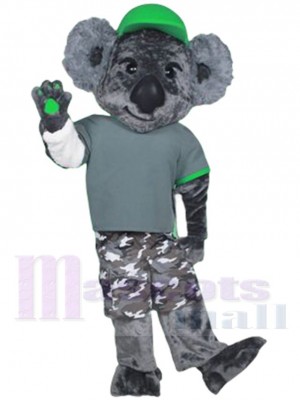 Koala gris Joe Mascotte Costume Animal portant un chapeau vert