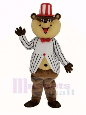 Énorme marron Teddy Ours avec blanc Rayé Manteau Mascotte Costume