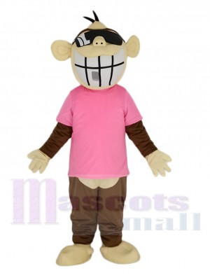 brun Drôle Singe dans Rose T-shirt Mascotte Costume Animal