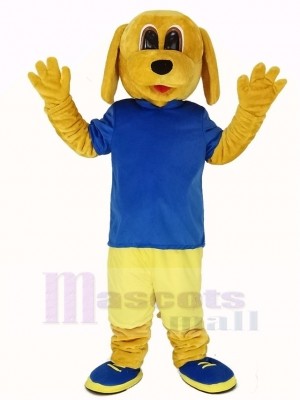 d'or Chien dans Bleu T-shirt Mascotte Costume Animal