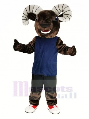 Sombre marron sport RAM avec Bleu Gilet Mascotte Costume Animal