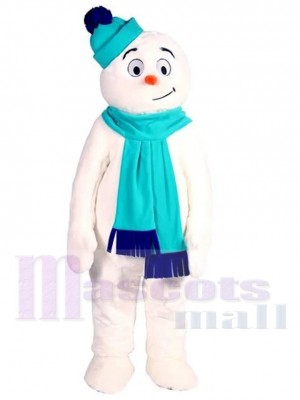 Bonhomme de neige Costume de mascotte Dessin animé avec bonnet et écharpe bleu clair