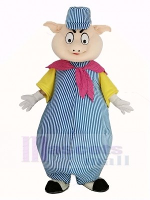 Cochon dans Bleu et blanc Bande Combinaison Mascotte Costume