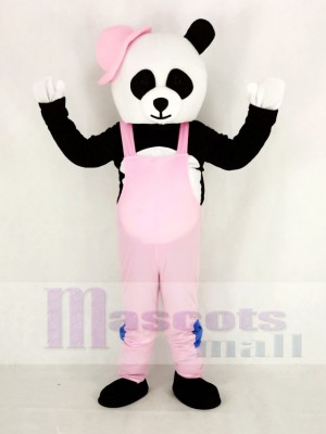 Panda avec Rose Salopette et Chapeau Mascotte Costume Dessin animé