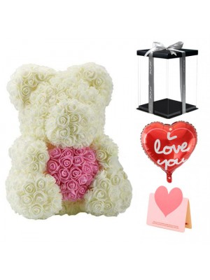 blanc Rose Ours en peluche Fleur Ours avec Coeur rose Meilleur cadeau pour la fête des mères, la Saint-Valentin, les anniversaires, les mariages et les anniversaires