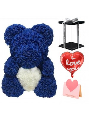 Bleu profond Rose Ours en peluche Fleur Ours avec coeur blanc Meilleur cadeau pour la fête des mères, la Saint-Valentin, les anniversaires, les mariages et les anniversaires