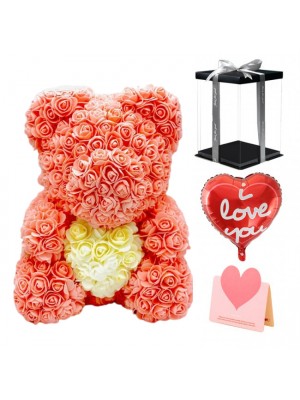 Rose Pêche Ours en peluche Fleur Ours avec coeur blanc Meilleur cadeau pour la fête des mères, la Saint-Valentin, les anniversaires, les mariages et les anniversaires