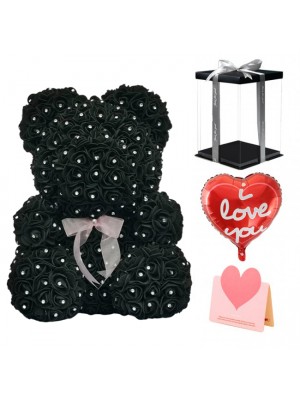 diamant Noir Ours en peluche rose Fleur Ours Meilleur cadeau pour la fête des mères, la Saint-Valentin, les anniversaires, les mariages et les anniversaires