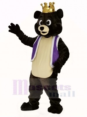 Foncé marron roi Ours dans Violet Gilet Mascotte Costume Animal