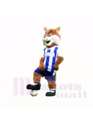 Football Renard avec Bleu et blanc Chemise Costumes De Mascotte Dessin animé