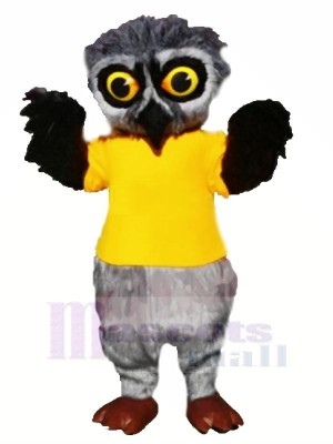 Gris Velu Hibou avec Jaune T-shirt Mascotte Les costumes