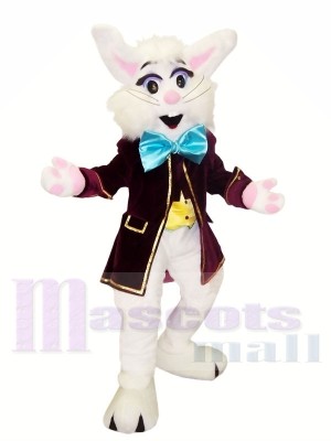 blanc lapin avec Bleu Bowknot Mascotte Les costumes Animal