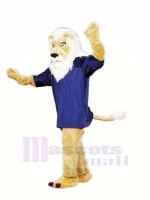 marron Lion avec Bleu T-shirt Mascotte Les costumes Adulte