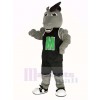 Gris Mustang Cheval dans Noir Tenue de sport Mascotte Costume