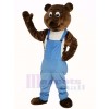 Foncé marron Ours dans Bleu Salopette Mascotte Costume Animal