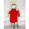 Costume de mascotte St Norbert de chevalier adulte en argent avec cape rouge