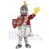 Costume de mascotte St Norbert de chevalier adulte en argent avec cape rouge