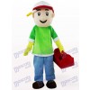 Costume de mascotte de dessin animé garçon vert et bleu vendeur