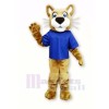 marron Chat sauvage avec Bleu T-shirt Mascotte Les costumes