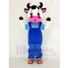 Mignonne Vache avec Bleu Salopette Mascotte Costume Dessin animé