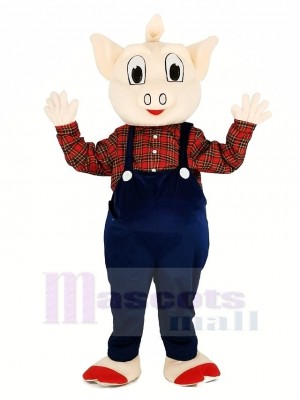 Porc avec Bleu Salopette Mascotte Costume Dessin animé