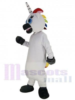 Licorne Blanche Costume de mascotte Dessin animé aux yeux bleus