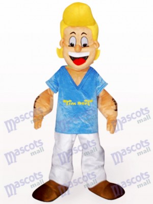 Popeye de cheveux jaunes dans le costume de mascotte d'anime de vêtements bleus