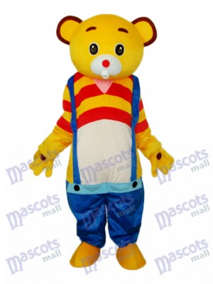 Jaune Bear Wear Bleu salopette Mascotte Costume adulte Animal