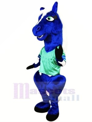 Bleu Cheval avec vert T-shirt Mascotte Les costumes Animal