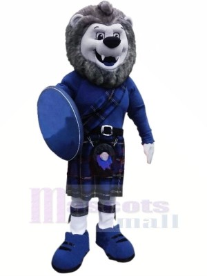 Gris Lion avec Bleu Costume Mascotte Les costumes Animal