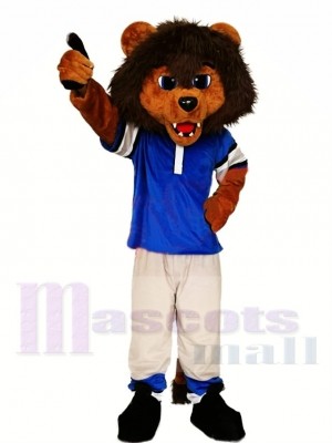 Lion sportif en chemise bleue Costume de mascotte