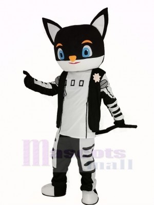 Monsieur Noir Chat dans Noir Manteau Mascotte Costume Dessin animé