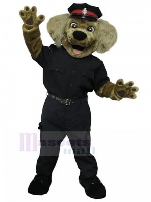 Costume de mascotte de chien policier brun souriant en uniforme noir animal