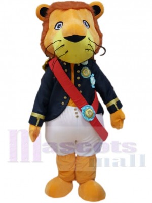 Lion orange Mascotte Costume Animal en uniforme bleu et blanc