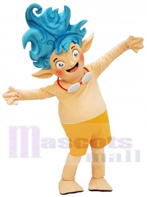 Cheveux bleus mignons Garçon elfe Mascotte Costume Dessin animé