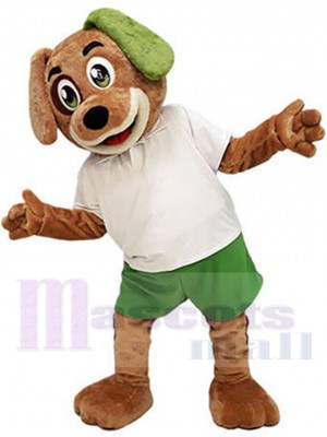 Chien marron Mascotte Costume en tenue blanche et verte Animal