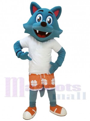 Heureux loup bleu Mascotte Costume en tee-shirt blanc Animal