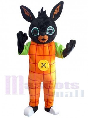 Lapin de Pâques noir Mascotte Costume Animal dans Salopette orange