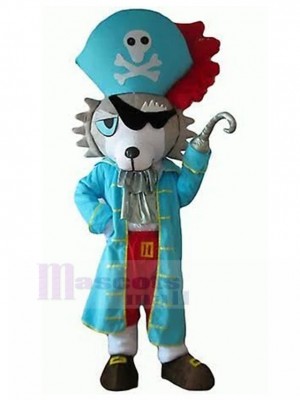 Costume de mascotte de chien loup gris et blanc avec un animal en habit de pirate bleu