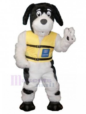 Déguisement mascotte chien poilu noir et blanc avec animal gilet jaune