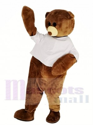 Ours en peluche marron en chemise blanche Costume de mascotte