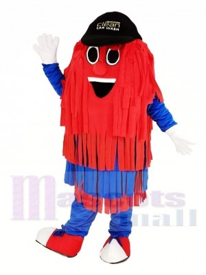 Bleu et rouge Auto Laver Nettoyage Brosser avec Noir Chapeau Mascotte Costume	