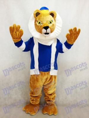 Roi mignon Lionel Costume de mascotte de lion avec les vêtements bleus et la couronne