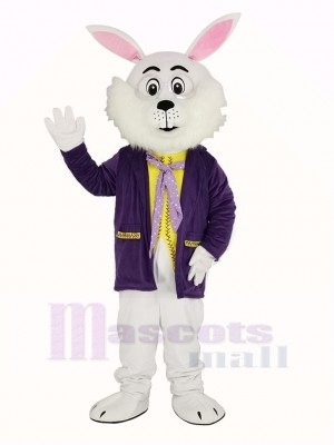 Blanc Pâques lapin dans Violet Manteau Mascotte Costume