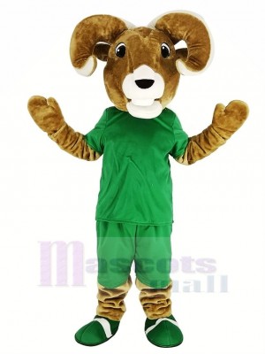 Sport marron RAM avec vert T-shirt Mascotte Costume