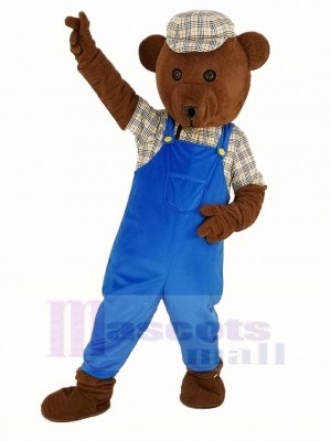 Teddy Ours dans Bleu Salopette Mascotte Costume Dessin animé