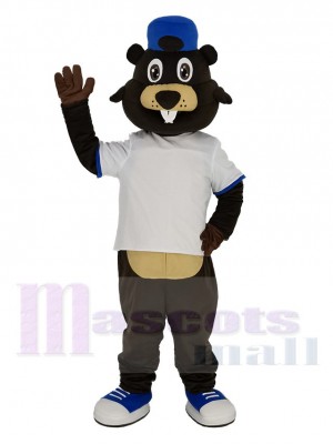 marron Castor dans blanc T-shirt Mascotte Costume