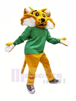 Marron Chat sauvage dans vert Mascotte Les costumes Dessin animé