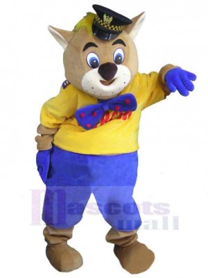 Shérif de chat kaki de dessin animé Costume de mascotte Animal en pantalon bleu