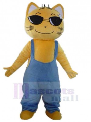 Chat jaune souriant Costume de mascotte Animal en salopette bleue